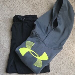 Euc BOYS SZ 6 UA Hoodie w Neon Yellow Logo AND EUC JUMPING BEANS Black Pant SET